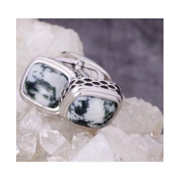 Tree Agate Gemstone Sterling Silver Black Rhodium Plated Men Cufflinks