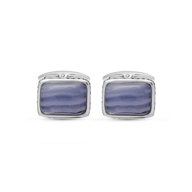 Blue Lace Agate Gemstone Sterling Silver Black Rhodium Plated Men Cufflinks