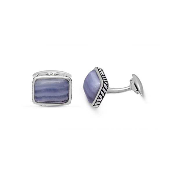 Blue Lace Agate Gemstone Sterling Silver Black Rhodium Plated Men Cufflinks